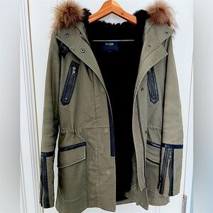 MAJE MILITARY STYLE WINTER COAT OLIVE WITH DETACHABLE BLACK SHERPA LINING Size M